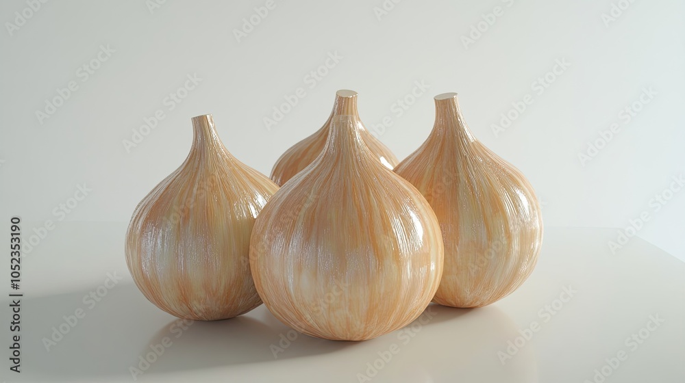 Obraz premium Four light beige, ceramic garlic-shaped objects are arranged close together.