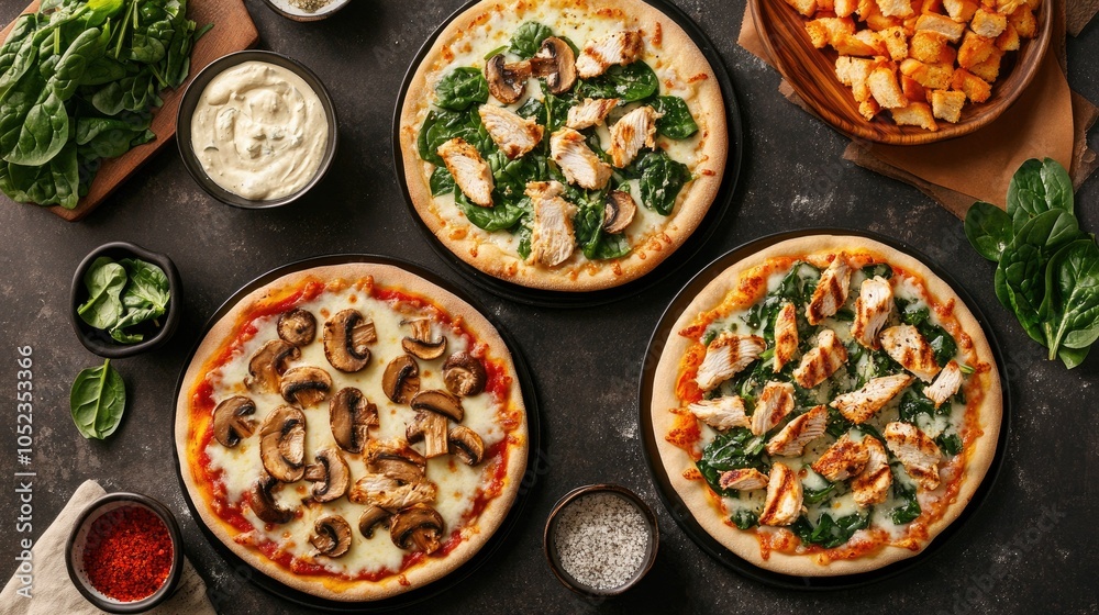 Cheesy Alfredo Pizza Showcase on Table Cheesy Alfredo Pizza Showcase on Table