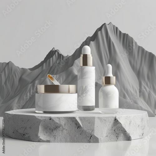A set of three minimalist skincare products. a jar. a bottle. and a dropper. are placed on a stone podium with a mountain backdrop