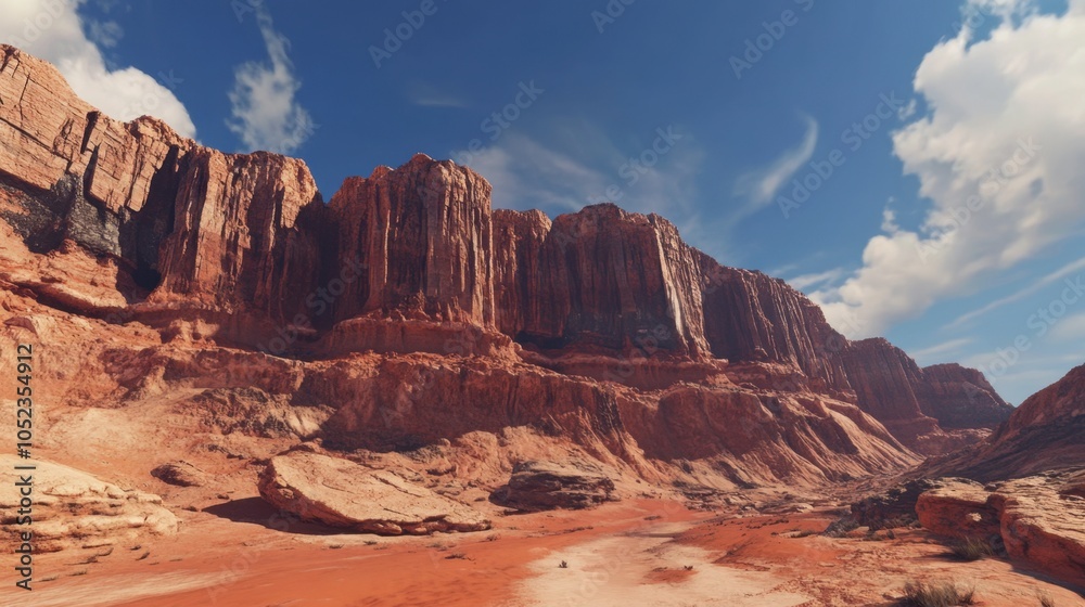 Fototapeta premium A dramatic high cliff formation in a desert landscape, with layered rock and red hues.