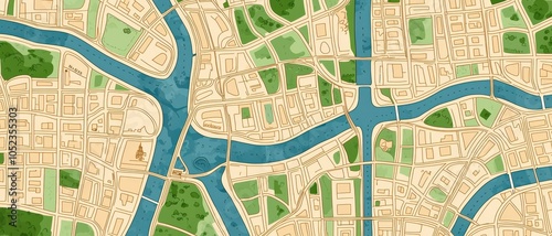 A detailed map highlighting waterways, greenery, and urban areas, showcasing a blend of natural and built environments.