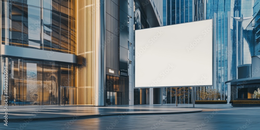 Blank white banner on modern shopping center wall amidst glass and metal architectural elements for design banner Blank white banner on modern shopping center wall amidst glass and metal architectural elements for design banner