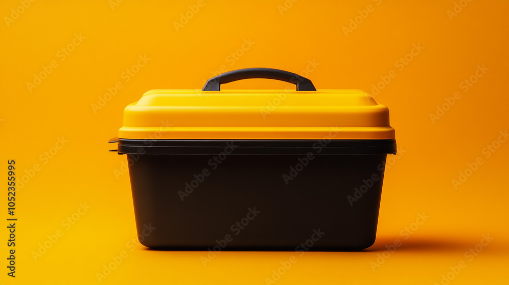 Black and Yellow Storage Box with Handle on Orange Background Black and Yellow Storage Box with Handle on Orange Background