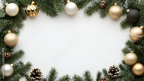 Christmas Ornament Frame on White Background greeting, green, bright, banner, sparkle, festive, decor, design, copy space, tree branch, happy, abstract