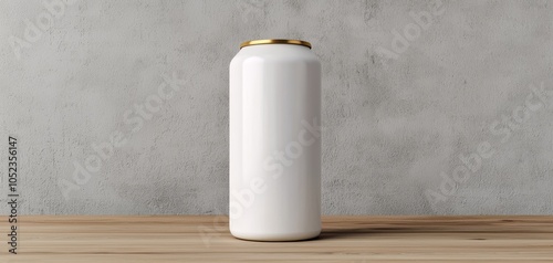 Elegant White and Gold Can on Wooden Surface Against Textured Gray Wall - Minimalist Luxury Concept