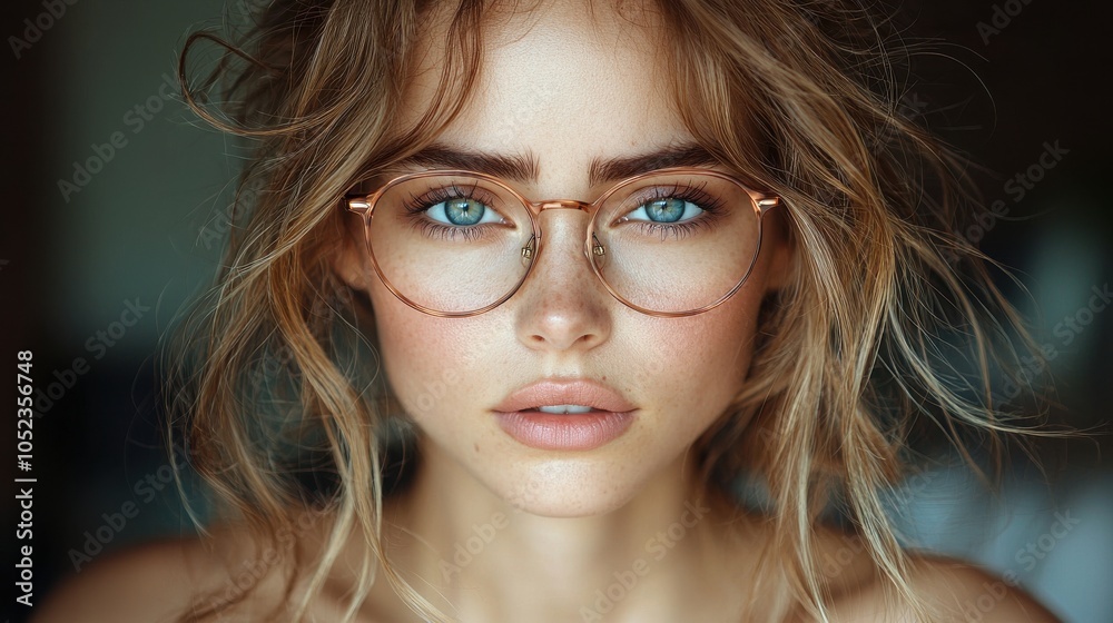 Close-up portrait of a young woman with blue eyes and glasses, showcasing natural beauty in soft lighting at home Close-up portrait of a young woman with blue eyes and glasses, showcasing natural beauty in soft lighting at home