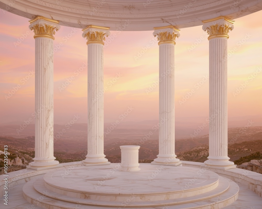 Fototapeta premium Ethereal Marble Sanctuary Serene Sunset Temple with Gold Embellishments and Fluted Columns in Tranquil Landscape - Architectural Inspiration
