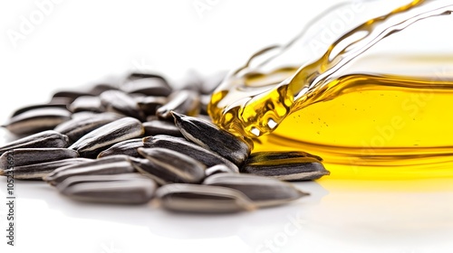 Sunflower Seeds and Amber Colored Liquid Splash in Glass Container