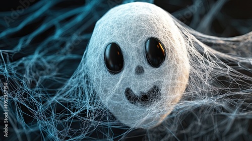 Ghostface is made of thread and is surrounded by cobwebs. A toy Halloween decoration in black and white colours. Illustration for a banner, poster, cover, brochure or presentation. photo