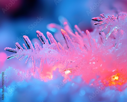 Flames twisting from the bottom left corner, casting warm, fiery light, while frost and snow crystals form an icy pattern from the top right, glowing with cold blue light. photo