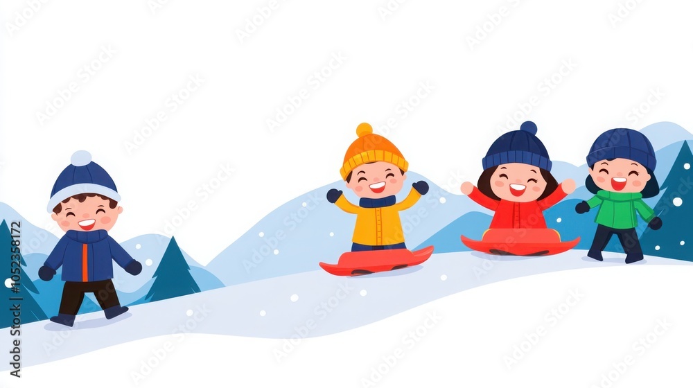 Happy Children Sledding on a Snowy Hill Happy Children Sledding on a Snowy Hill