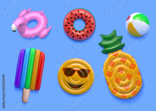 3D pool elements. Rubber swimming rings. Summer beach. Swim float tube. Inflatable ball and sea water fruit. Render toy flamingo top view. Holiday vacation. Vector inflated buoys set