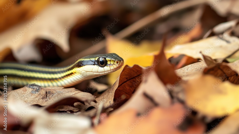 Fototapeta premium A garter snake emerging from a pile of leaves, its small, slender body and striped pattern clearly visible.