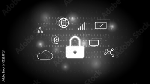 Flat digital padlock on a binary code with icons on a black background. Cyber security technology concept. Fraud prevention. Privacy data protection.