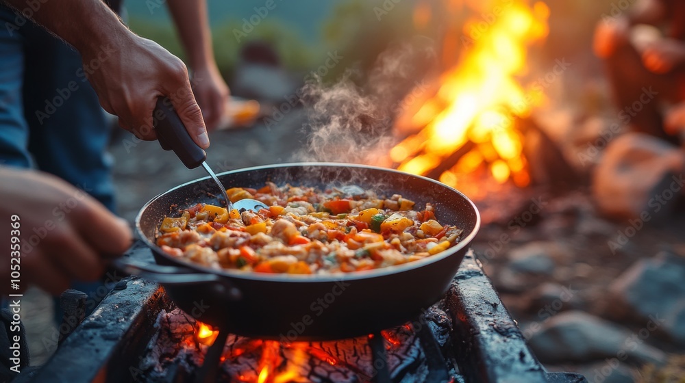 A group is preparing a flavorful dish in a skillet, boiling colorful vegetables and meat over a crackling fire during a camping adventure at dusk. A group is preparing a flavorful dish in a skillet, boiling colorful vegetables and meat over a crackling fire during a camping adventure at dusk.