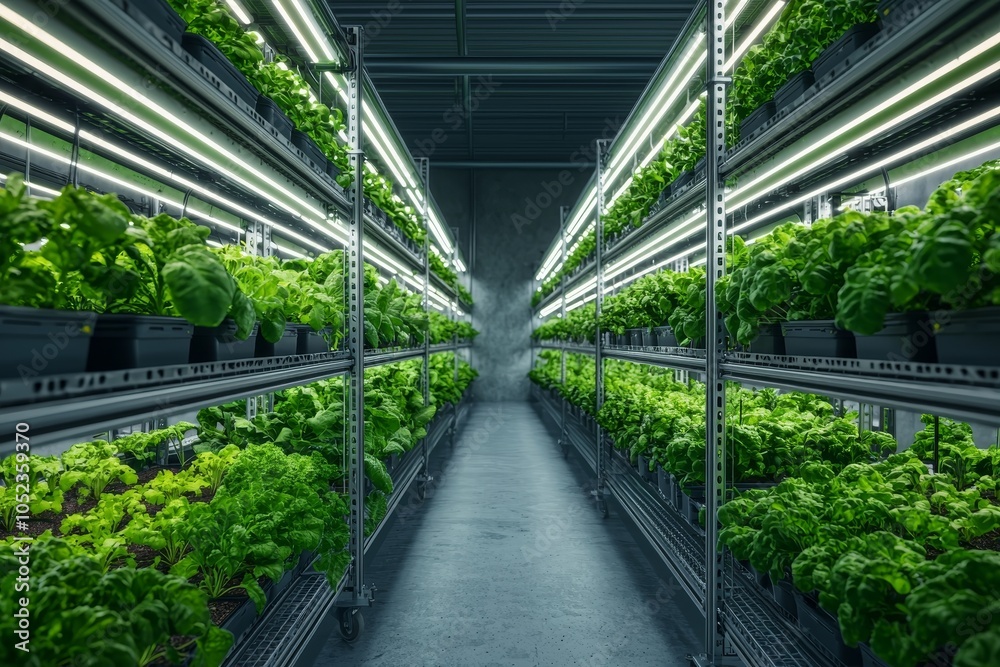 Lush Green Vertical Farming Oasis Symmetrical Aisle of Vibrant Plants in Controlled Indoor Environment - Modern Agricultural Technology Concept Lush Green Vertical Farming Oasis Symmetrical Aisle of Vibrant Plants in Controlled Indoor Environment - Modern Agricultural Technology Concept