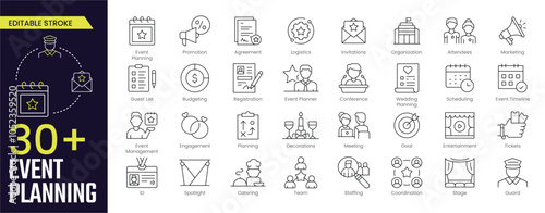 Event Planning Stroke icon collections. Containing Promotion, Agreement, Invitations, Attendees, Planning, Decorations, Tickets, and Event Management. Editable Stroke icon collection Outline icons
