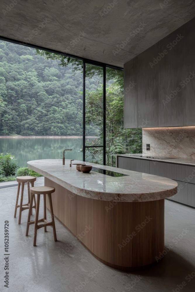 Fototapeta premium Luxurious White Marble Kitchen Island in Modern Minimalist Interior with Lake View - Elegant Home Design Concept