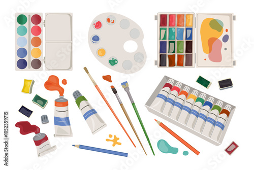 Art tools. Paint brush, artist supply for craft, pencil draw elements. watercolor and gouache. Children painter cute doodles. Drawing supplies for kids, Vector cartoon flat isolated illustration