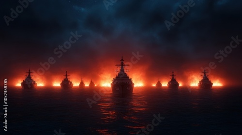 Fleet of Ships Illuminated by Night Light