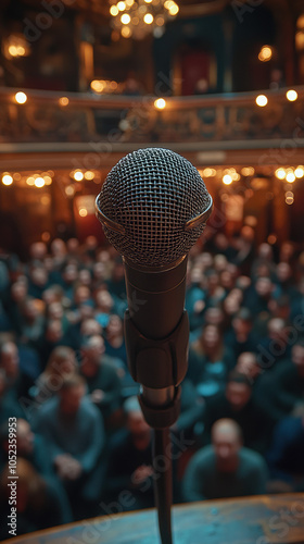 Microphone on stage with an audience in the background, capturing the essence of public speaking and engagement in a conference setting.