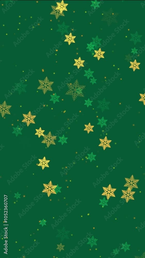 Abstract winter background with animated falling snow golden snowflakes and spark particles glowing and twinkling on green backdrop. Festive vertical video animation for Christmas or New Year party. Abstract winter background with animated falling snow golden snowflakes and spark particles glowing and twinkling on green backdrop. Festive vertical video animation for Christmas or New Year party.