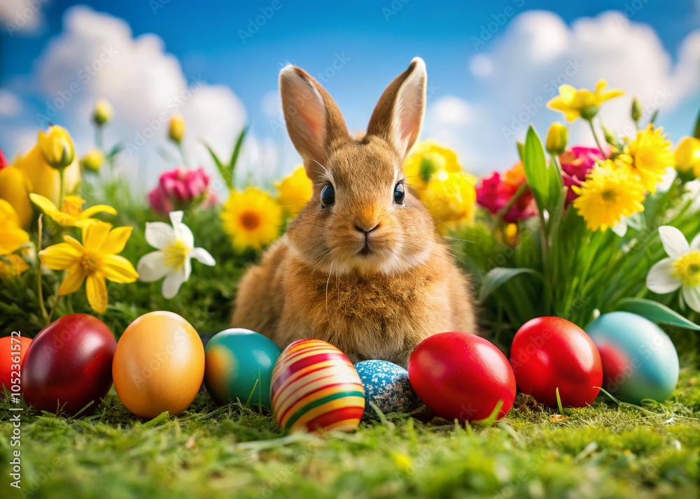 Easter Festive Composition with Rabbit and Colorful Eggs for Product Photography Easter Festive Composition with Rabbit and Colorful Eggs for Product Photography