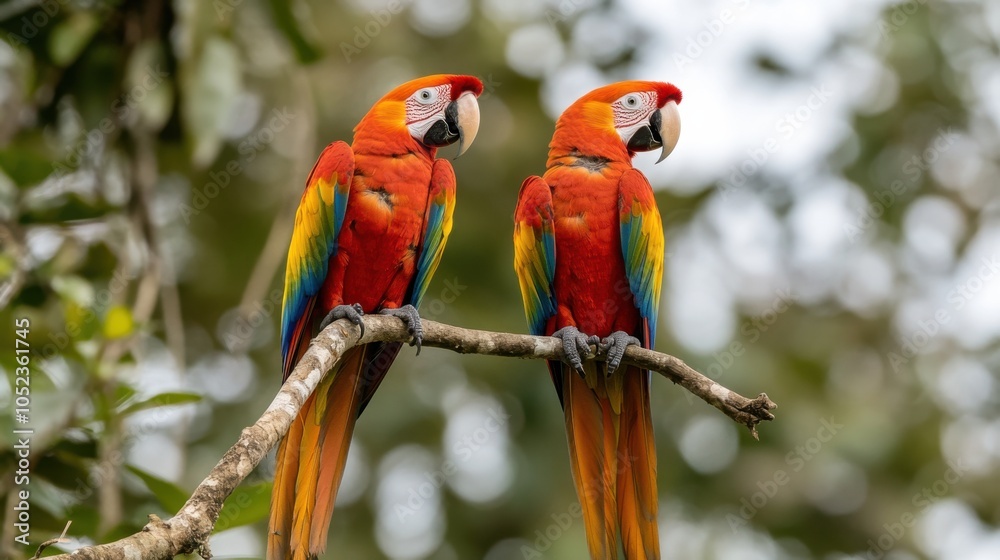 Pair of Scarlet Macaws Perched on a Branch Pair of Scarlet Macaws Perched on a Branch