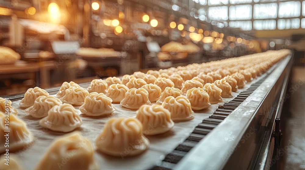 Rows of dough pieces move along a long conveyor belt, reflecting efficiency and uniformity in a sunlit factory.