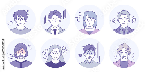 Worry icons. Sad person. Office trouble. Male or female think. Complaint business people. Businessman problems. Unhappy man and woman portraits. Confused collogue. Vector avatars set photo