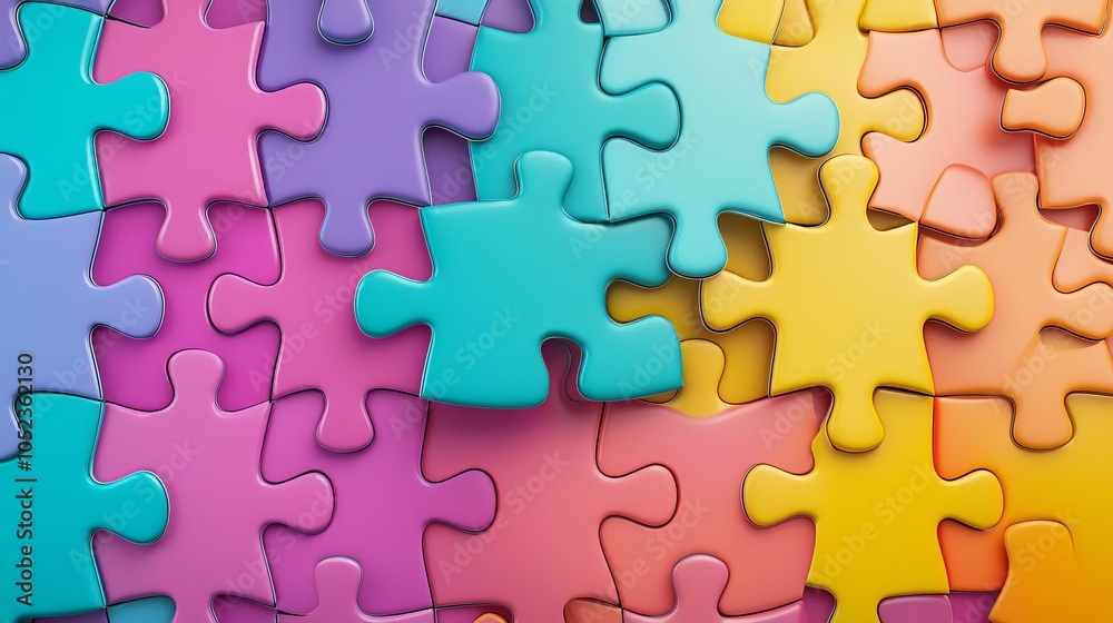 Rainbowcolored jigsaw puzzle pieces assembling into a creative pattern on a fluid abstract backdrop, vibrant and playful ,3d illustration Rainbowcolored jigsaw puzzle pieces assembling into a creative pattern on a fluid abstract backdrop, vibrant and playful ,3d illustration