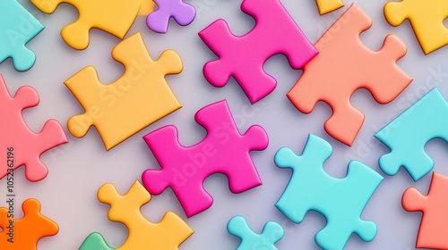 3Drendered jigsaw puzzle pieces in vibrant colors scattered across a gradient background, symbolizing creativity and problemsolving ,3d illustration