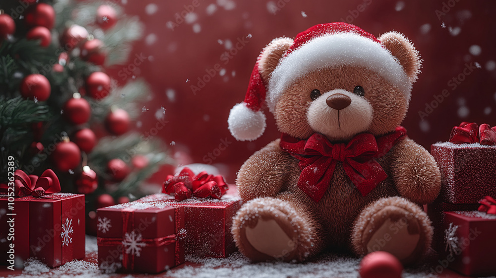 Christmas teddy bear wearing santa hat with christmas tree and gift box background