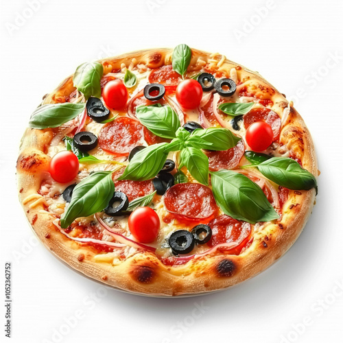 Pizza isolated on white background, online delivery from pizzeria, take away and fast food concept photo