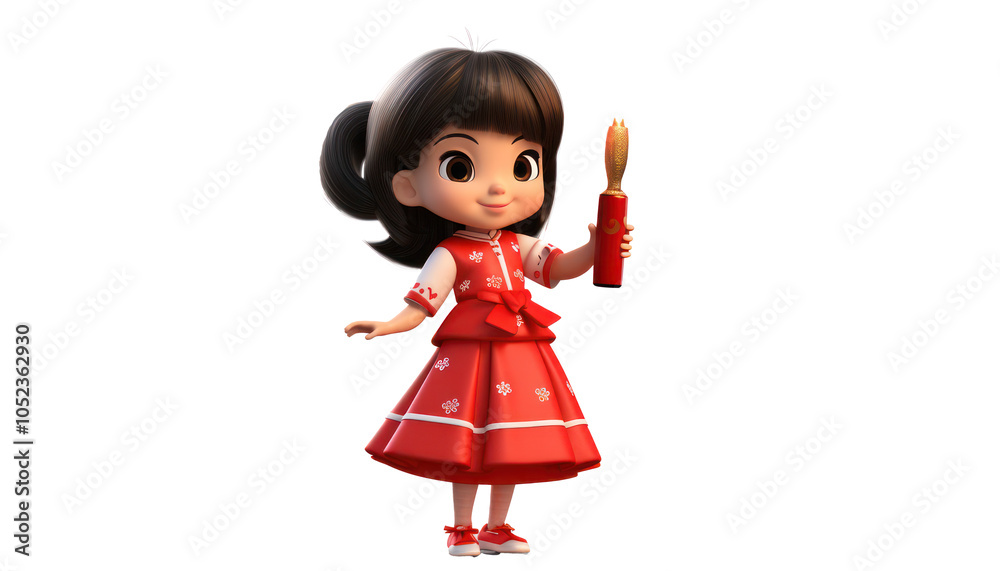 Animated girl character in red dress holding a sparkler, smiling joyfully. Animated girl character in red dress holding a sparkler, smiling joyfully.