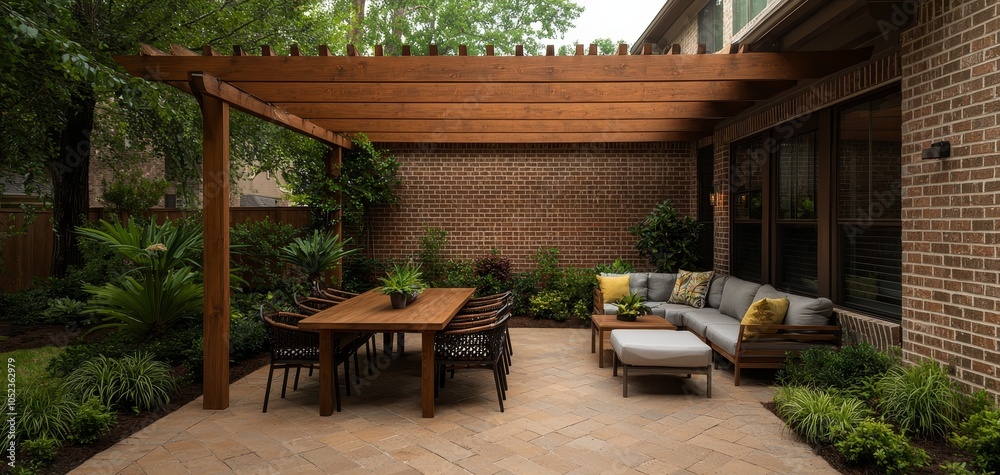 Fototapeta premium Serene Outdoor Living Wooden Pergola Dining Set in Earthy Backyard Oasis, Tranquil Patio Retreat