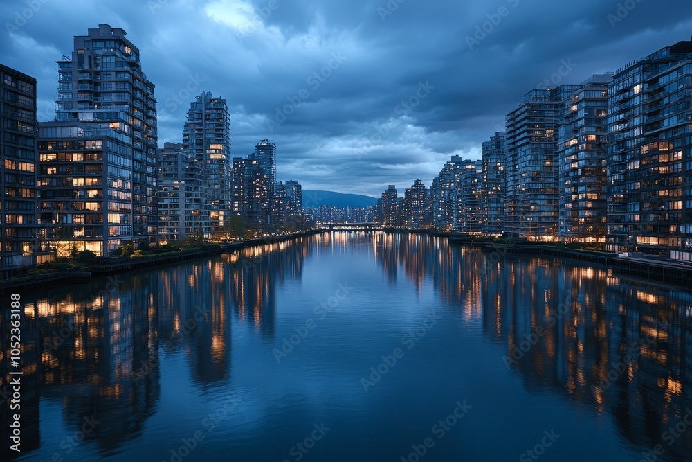 Fototapeta premium Serene Urban Reflections Symmetrical Cityscape Mirror in Blue Waterscape - Tranquil Modern Skyline Panorama Commercial Real Estate Marketing Background