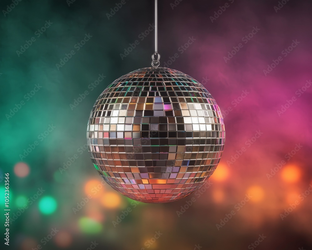 Obraz premium Shimmering Silver Disco Ball on Chain Against Colorful Blurred Background - Festive Dance Club Decor Concept