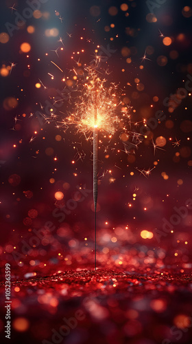 Illustration AI festive sparkler with glowing red background for New Year celebrations.