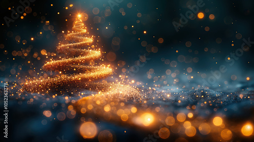 Illustration AI glowing Christmas tree made of golden lights with bokeh. celebration, background.