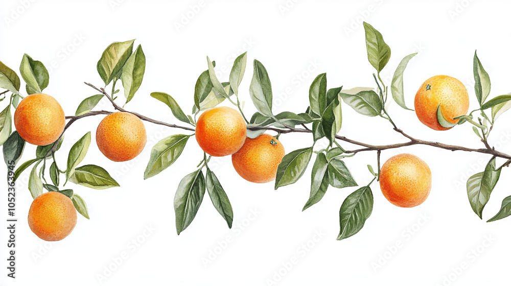 A cluster of oranges with attached branches and green leaves, isolated on a white background. A cluster of oranges with attached branches and green leaves, isolated on a white background.