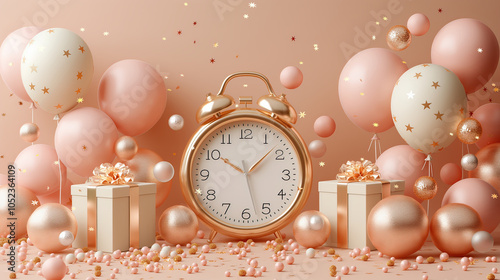 Illustration AI New Year countdown with balloons, clock, and gift boxes. New year, celebration.