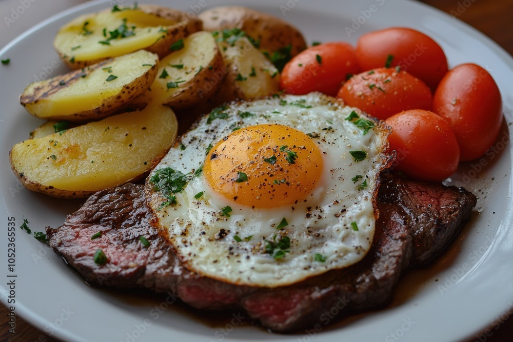 Steak and Eggs - One. Delicious Meaty Dinner Plate with Beef, Potatoes, and Vegetables