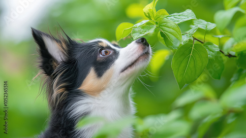 Curious chihuahua sniffing fresh green leaves in lush garden setting