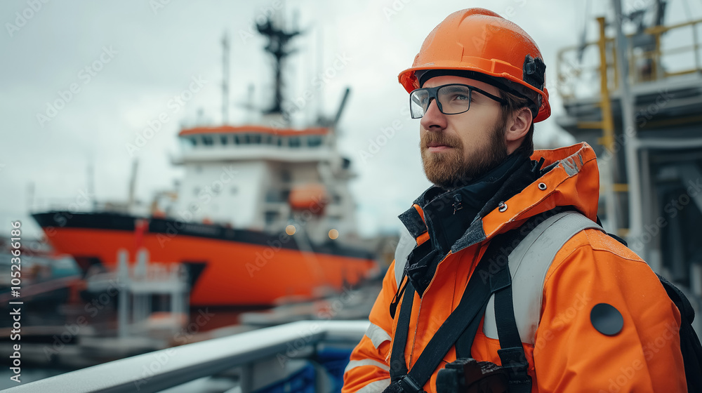 Offshore worker in orange protective gear observing docked vessel on overcast day
