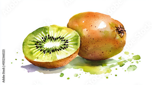A watercolor illustration of a ripe, whole kiwi and a halved kiwi, isolated on a white background.