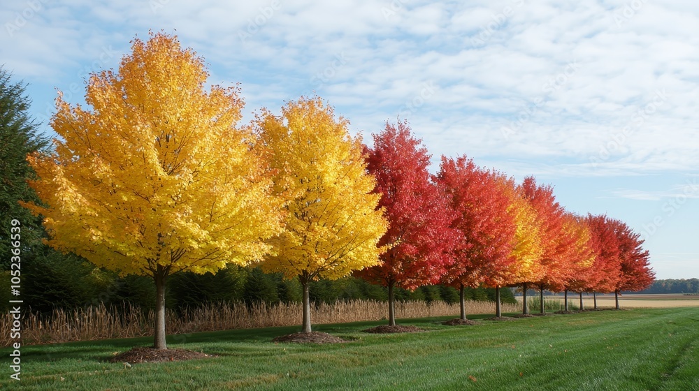 Vibrant Autumn Trees in Gradient of Fall Colors under Clear Blue Sky - Serene Nature Landscape for Seasonal Designs Vibrant Autumn Trees in Gradient of Fall Colors under Clear Blue Sky - Serene Nature Landscape for Seasonal Designs