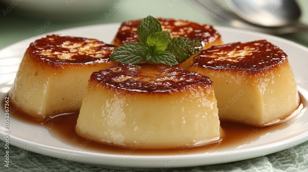 Delicious caramel flan dessert with fresh mint garnish on a white plate Delicious caramel flan dessert with fresh mint garnish on a white plate