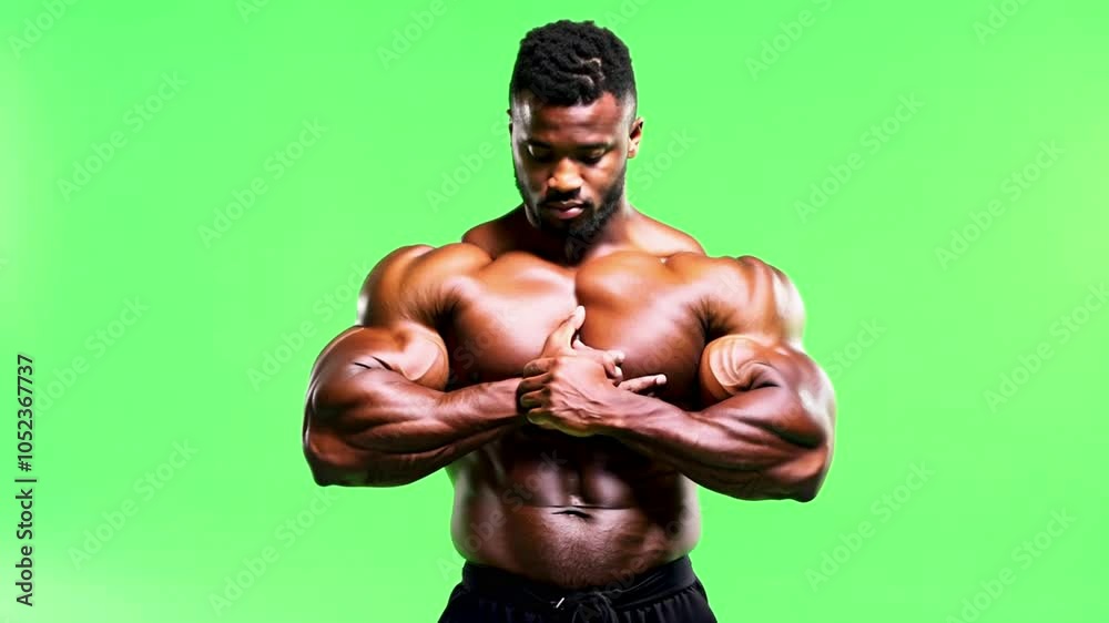 Muscular man , hands folded on green screen. Generative AI Muscular man , hands folded on green screen. Generative AI