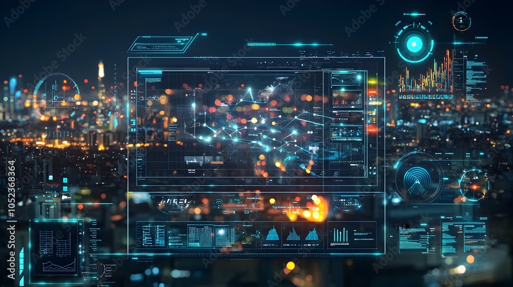 Fototapeta premium Smart Grid Dashboard in City Command Center Showcasing Energy Demand Renewable Inputs and Battery Storage on 3D Map